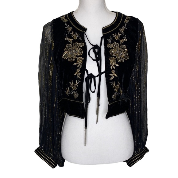 Zara Tops - T16 Zara Black velvety feel with gold floral appliqué kimono tie with chains Med
